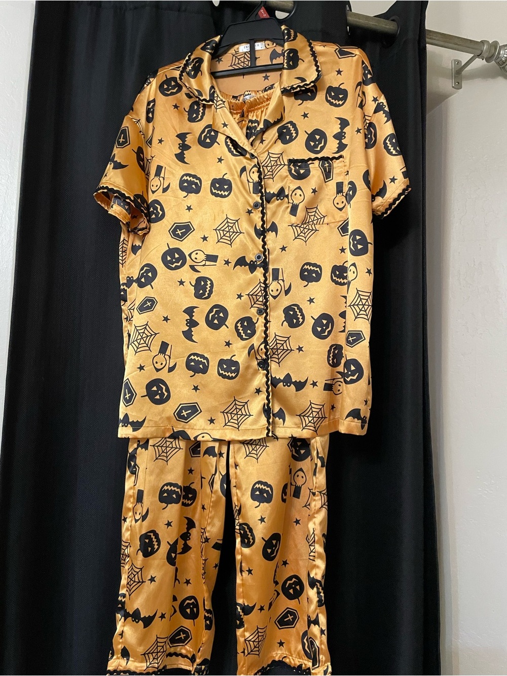 Halloween Satin Pajama Set in Orange with pumpkin, bat and web Black Print